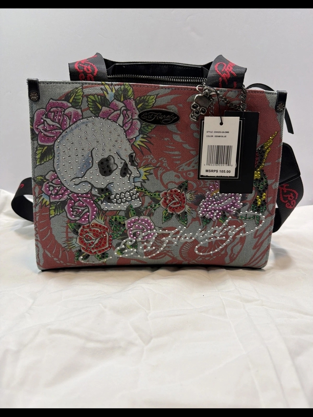 Ed Hardy Pink Floral Skull Tote Bag